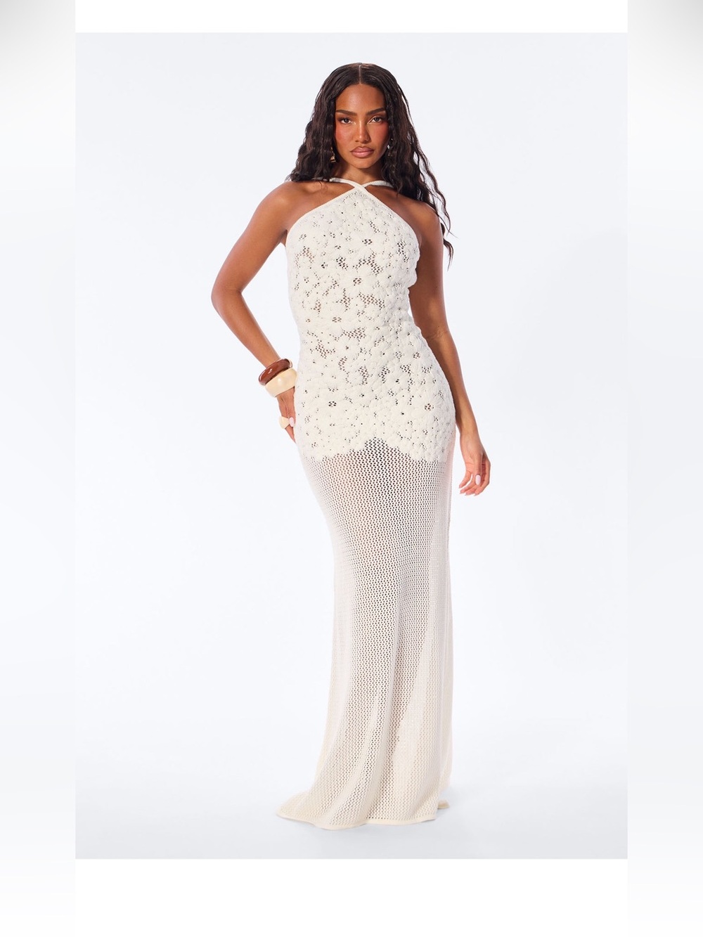 Halter Crochet Maxi Dress - Cream